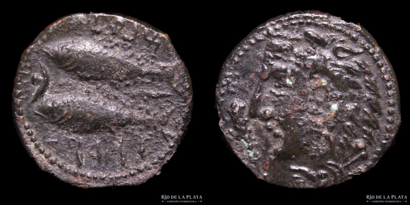 Hispania. Gadir (Gades 100-20BC) Semis. Bronze; 19mm; 4.03g. A: Melkart head fac...