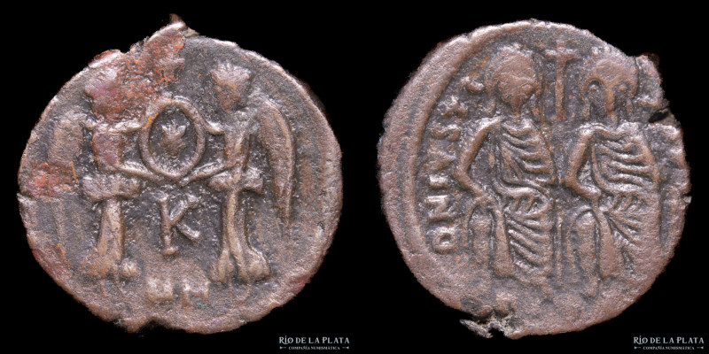 Byzantine. Justin II with Sophia (565-578AD) 1/2 Follis. Carthage mint, struck 5...