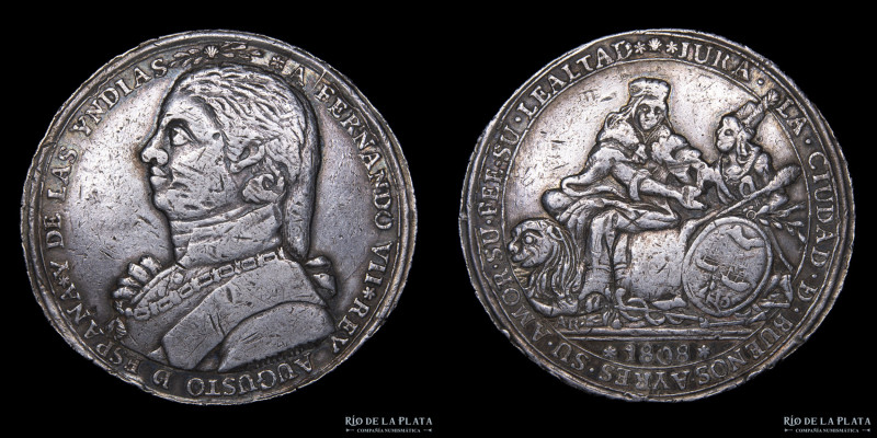 Buenos Aires. Fernando VII (1808-1833) 10 Reales 1808. Medalla de Proclama. Grab...