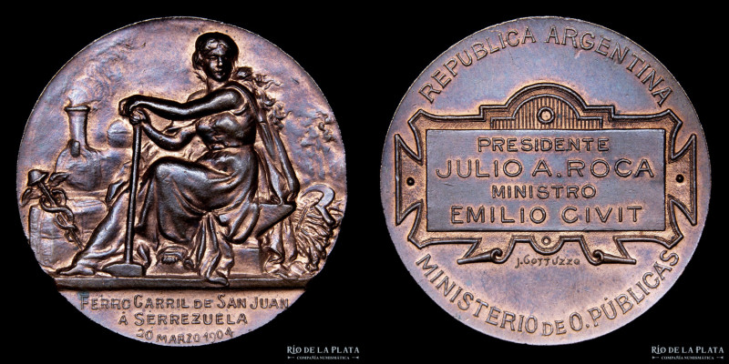 Argentina. Ferroviarias. 1904. San Juan. Serrezuela. Cobre; 40mm; 28.51g. Grabad...