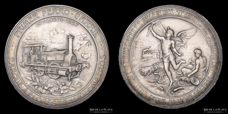 Argentina. Ferroviarias. 1907. FFCC Argentinos 50 Aniversario. Plata; 31mm; 14.5...