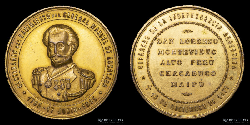 Argentina. 1895. Centenario natalicio de Manuel de Escalada. Cobre dorado; 45.5m...