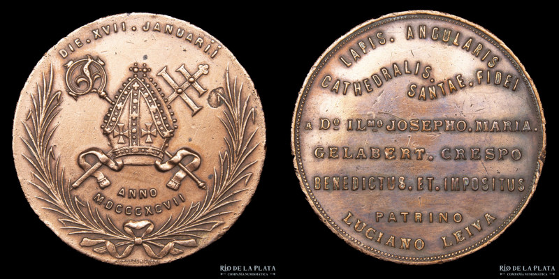 Argentina. 1897. Piedra fundamental de la Catedral de Santa Fe. Cobre; 45mm; 42....