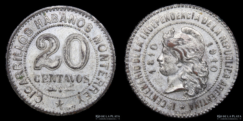 Argentina. 1910. Ficha Publicitaria, valor 20. Cobre plateado; 25.0mm; 7.17g. Ci...