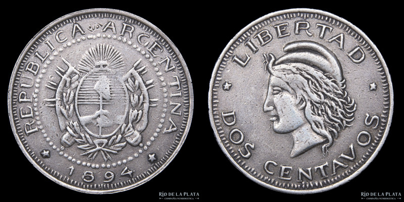 Argentina. 2 Centavos 1894. Souvenir monetiforme. Plata 900; 31.5mm; 10.69g. Se ...