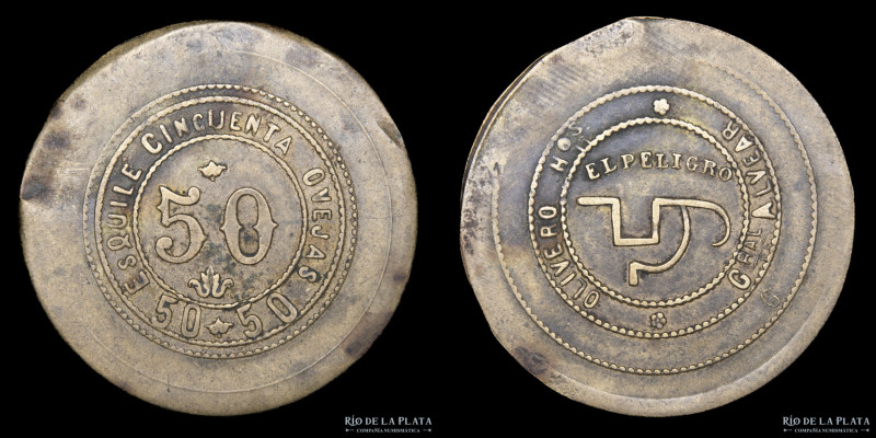 Argentina. Ficha. Esquila. 50 Ovejas. Olivero Hnos. Cobre; 36mm; 7.92g. El Pelig...