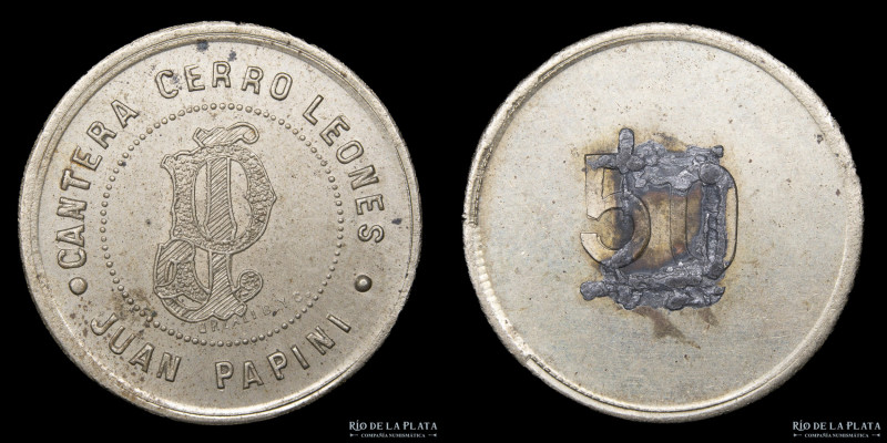 Argentina. Ficha. Cantera. Valor 50. Cerro Leones, Río Negro. Juan Papini. Metal...