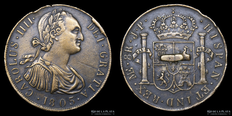 Botón colonial. Símil Carlos IIII 8 Reales 1805 ME JP. Bronce; 38mm; 14.06g. (VF...