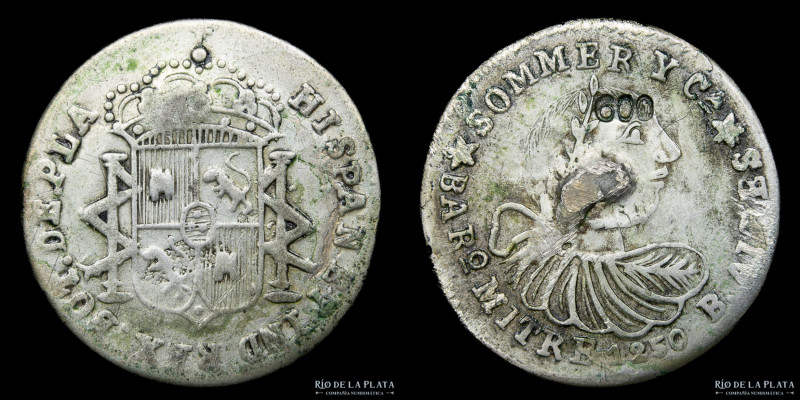 Botón colonial. Tamaño 2 Reales. Sommer y Ca. Mitre 1250. Plata 600; 24mm; 3.87g...