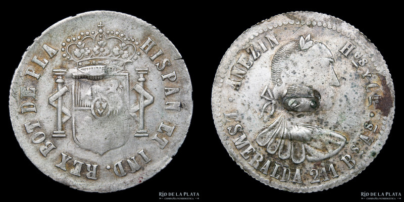 Argentina. Botón 2 Reales. Anezin y Cia. Esmeralda 211. Plata; 28mm; 4.13g. (VF)...