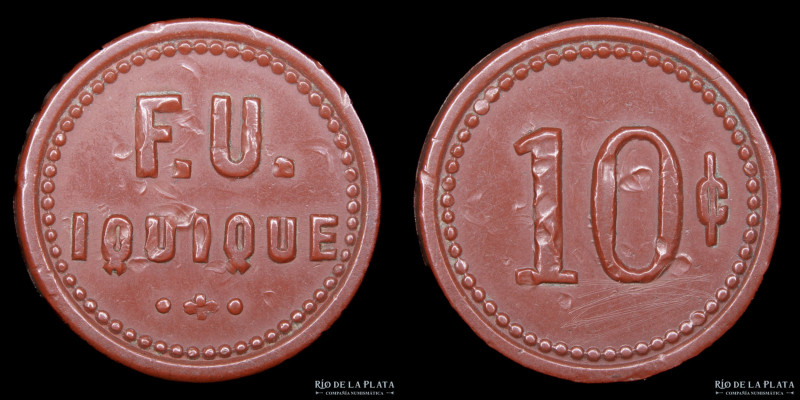 Chile. Ficha. 10 Centavos. Ferrocarril Urbano. Iquique. Ebonita bordó; 20mm; 1.4...