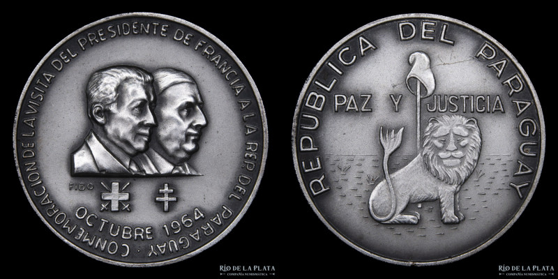 Paraguay. 1964. Visita del Presidente de Francia. Plata 900; 30mm; 12.90g. Graba...