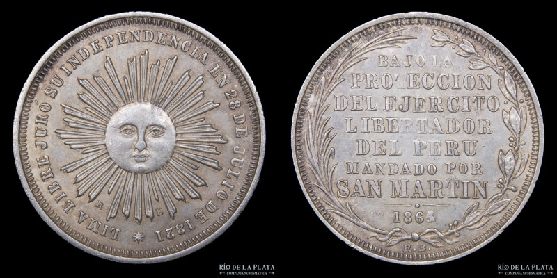 Perú. 2 Reales 1864. Proclama de la Independencia 1821. BAJO LA / PROTECCION / D...