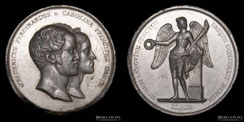 Dinamarca. 1848. Casamiento Frederick VI & Caroline. Peltre; 56mm; 72.80g. A: Bu...