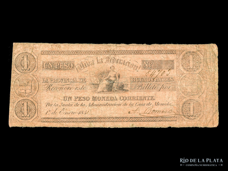 Argentina. Provincia de Buenos Aires. Época de Rosas. 1 Peso Moneda Corriente 18...