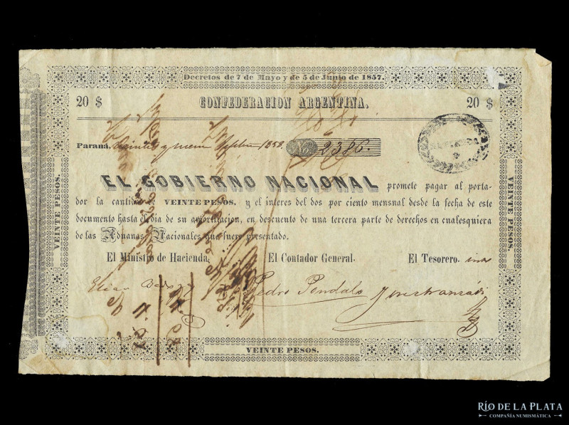 Argentina. Confederación Argentina. Bonos de Aduana. 20 Pesos 1857. Segunda emis...