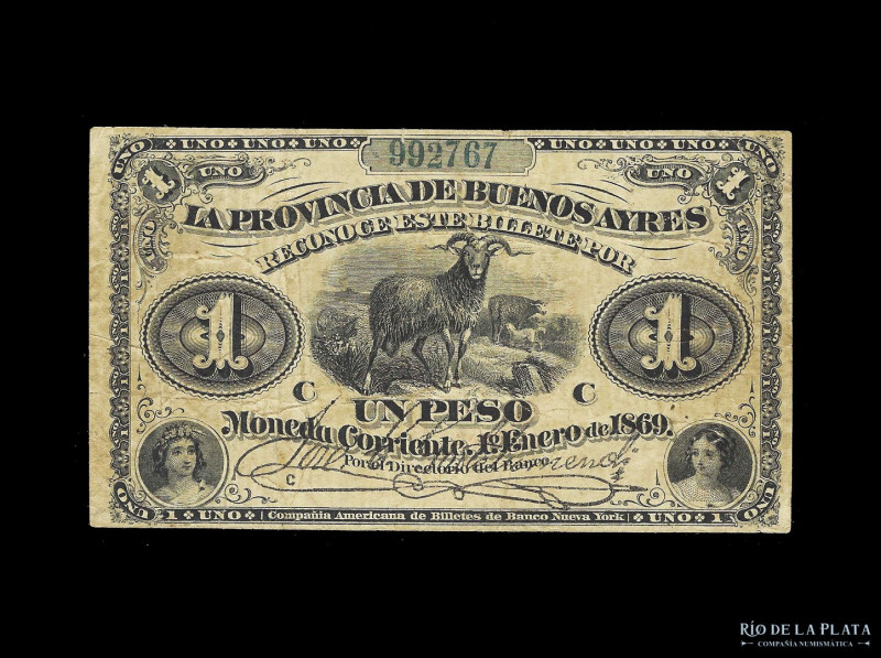 Argentina. Provincia de Buenos Aires. 1 Peso Moneda Corriente. 01/01/1869, prime...