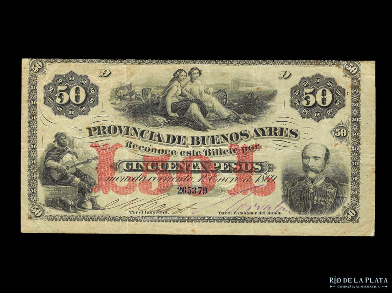 Argentina. Provincia de Buenos Aires. 50 Pesos Moneda Corriente 1869, serie D. F...