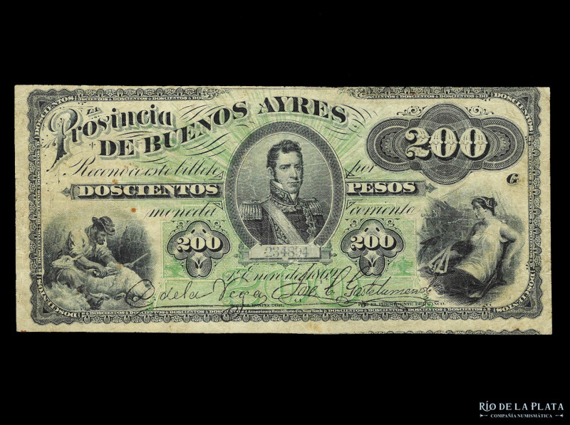 Argentina. Provincia de Buenos Aires. 200 Pesos Moneda Corriente 1869, serie G. ...