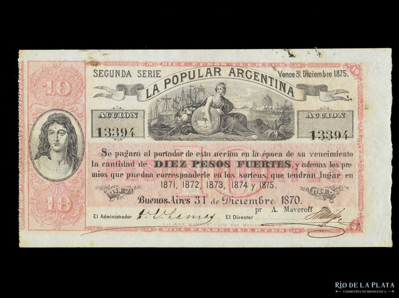 Argentina. Buenos Aires. La Popular Argentina. 10 Pesos Fuertes 31/12/1870. 2º S...