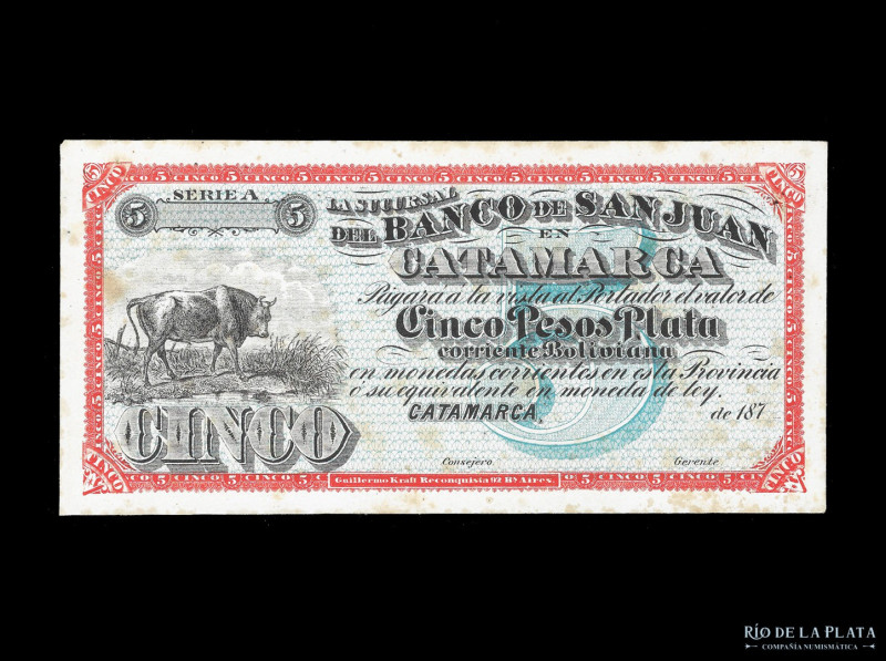 Argentina. Catamarca. El Banco de San Juan en Catamarca. Muestra Front 5 Pesos P...