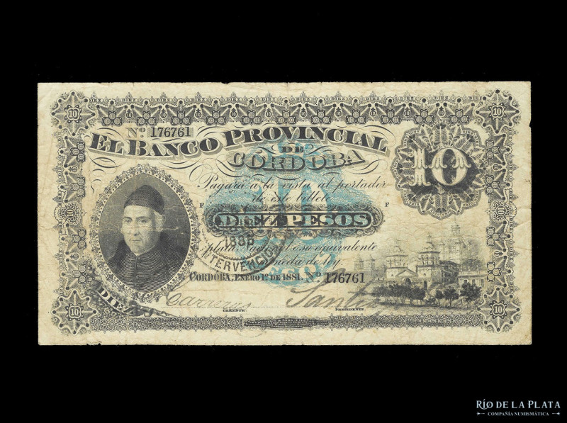 Argentina. Córdoba. Banco Provincial de Córdoba. 10 Pesos 01/01/1881. Dean Grego...