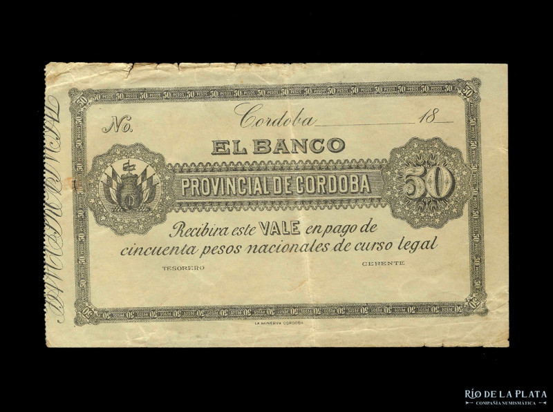 Córdoba. Banco Provincial de Córdoba. 50 Pesos 1891 Remainder. Bauman COR-120r (...