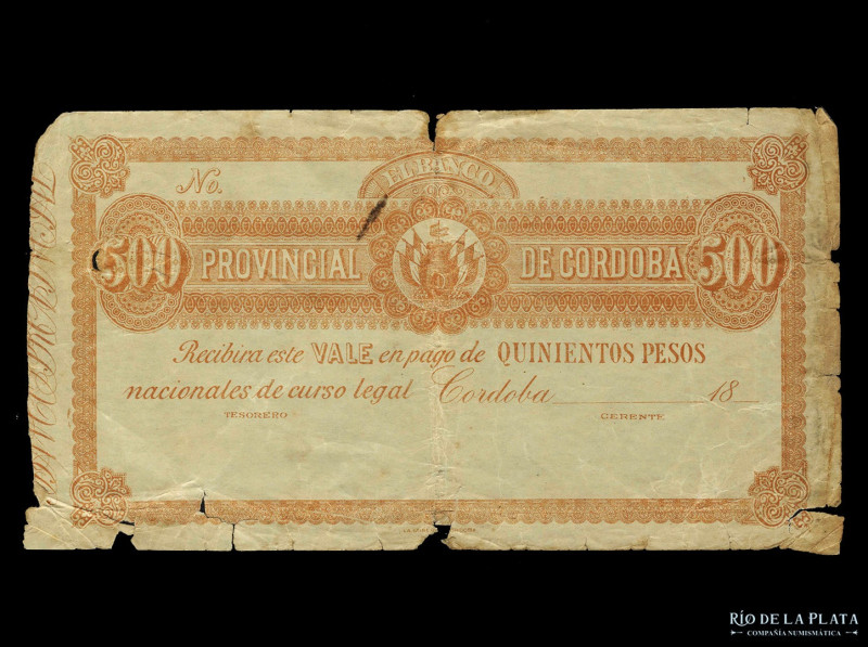Córdoba. Banco Provincial de Córdoba. 500 Pesos 1891 Remainder. Not in Bauman; N...