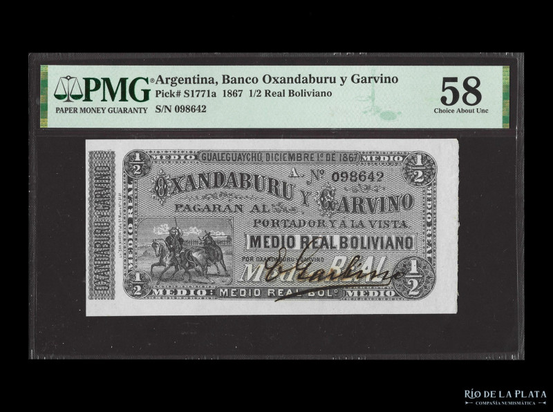 Argentina. Entre Ríos. Banco Oxandaburu y Garbino. 1/2 Real Boliviano 1867, seri...