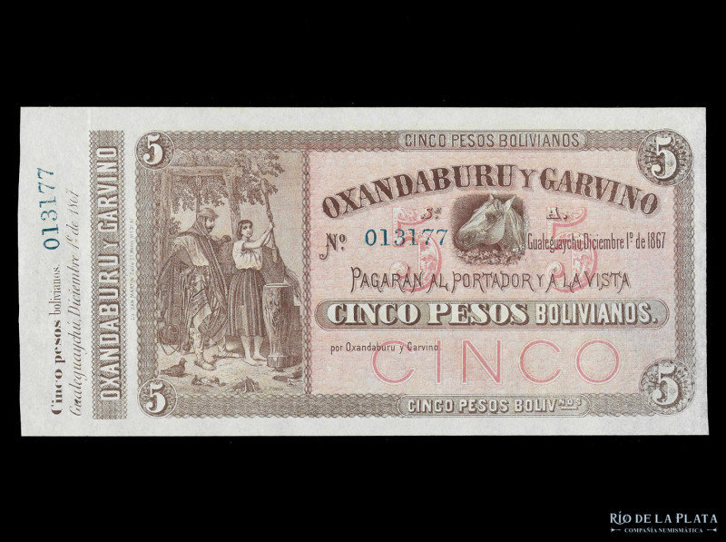 Argentina. Entre Ríos. Banco Oxandaburu y Garbino. 5 Pesos Bolivianos 1867 Remai...