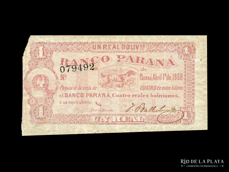 Argentina. Entre Ríos. El Banco Paraná. 1 Real Boliviano 1868. Firma manuscrita....