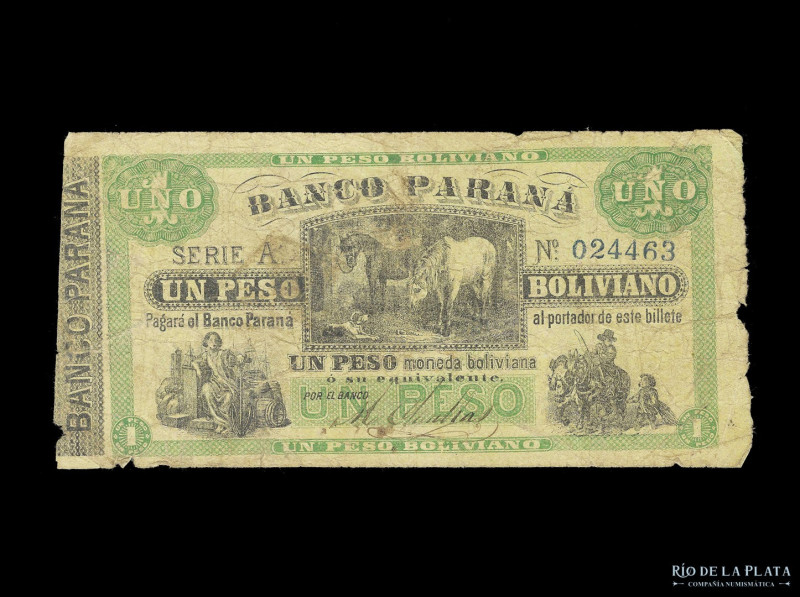 Argentina. Entre Ríos. El Banco Paraná. 1 Peso Boliviano ND1868 firmado, con res...
