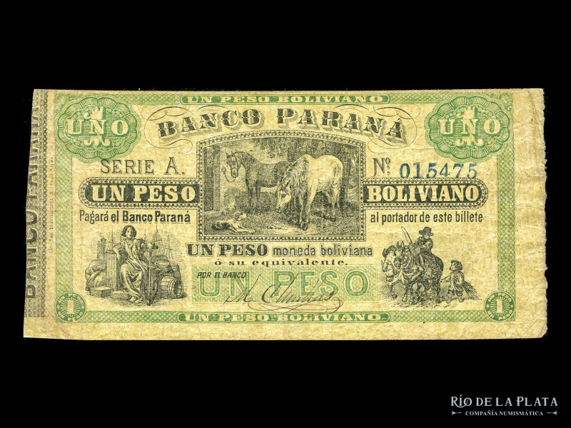 Argentina. Entre Ríos. El Banco Paraná. 1 Peso Boliviano ND1868 firmado, sin res...