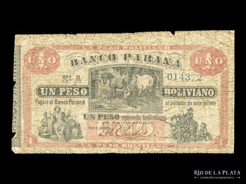 Argentina. Entre Ríos. El Banco Paraná. 1 Peso Moneda Boliviana ND1868. Firma ma...