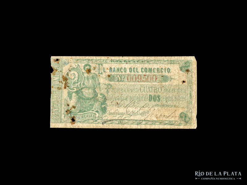 Argentina. Entre Ríos. El Banco del Comercio. 2 Reales Bolivianos 1869 firmado. ...