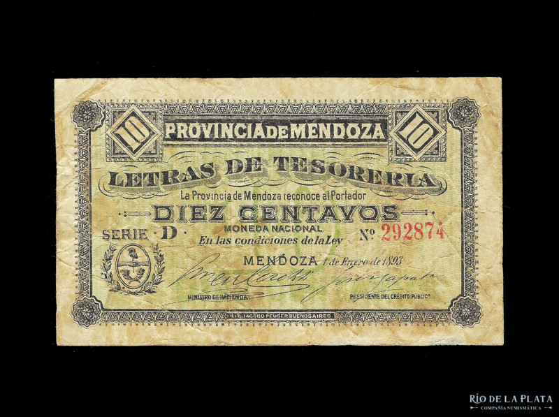 Argentina. Mendoza. Letra de Tesorería. 10 Centavos 1893, resello rojo en revers...
