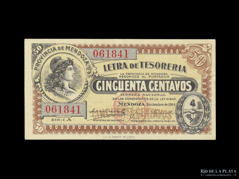 Argentina. Mendoza. Letra de Tesorería. 50 Centavos 1914, resello rojo. En rever...