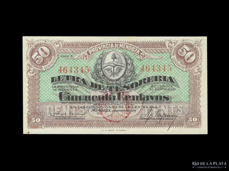 Argentina. Mendoza. Letra de Tesorería. 50 Centavos 1914, resello rojo. En rever...