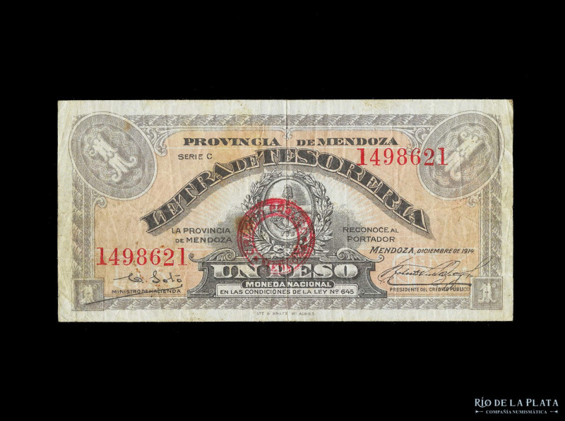 Argentina. Mendoza. Letra de Tesorería. 1 Peso 1914, resello rojo. En reverso: S...