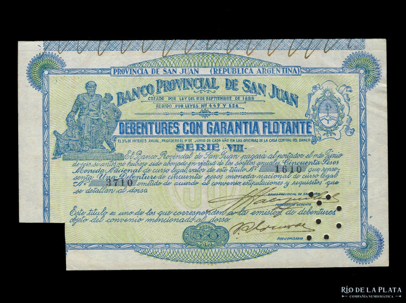 San Juan. Banco Provincial. Debentures con Garantia Flotante 1933 - 1943 serie V...