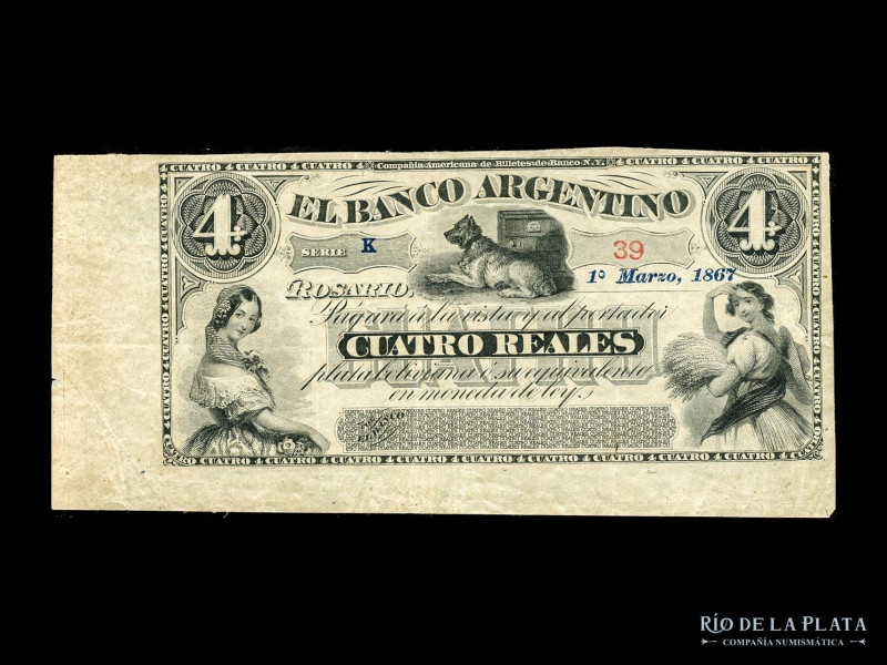Argentina. Santa Fe. El Banco Argentino, Rosario. 4 Reales 1867 Plata Boliviana ...