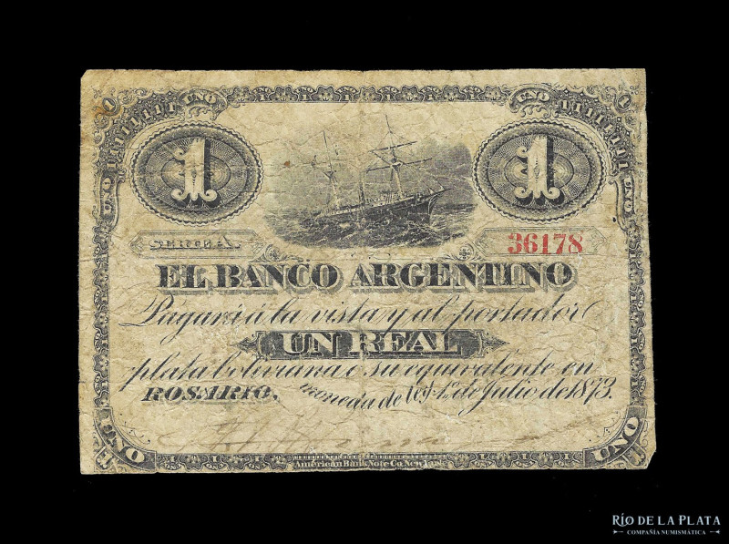 Argentina. Santa Fe. El Banco Argentino, Rosario. 1 Real 1873 Plata Boliviana, f...