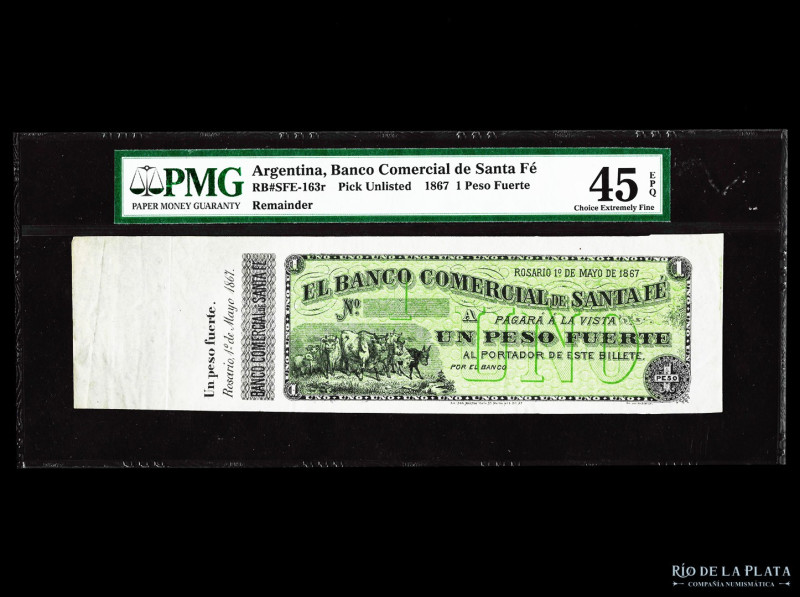 Argentina. Santa Fe. Banco Comercial de Santa Fe. 1 Peso Fuerte 1867 Remainder. ...