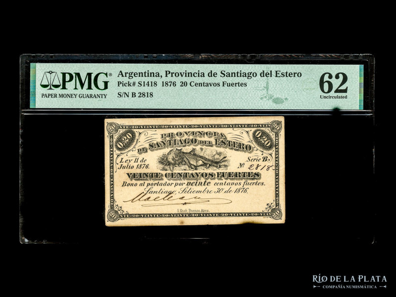 Argentina. Provincia de Santiago del Estero. 20 Centavos Fuertes 1876, serie B f...