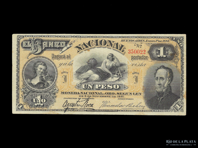 Argentina. Banco Nacional. 1 Peso 1883. Firmas: Roca - Pacheco. Bauman BN120; Pi...