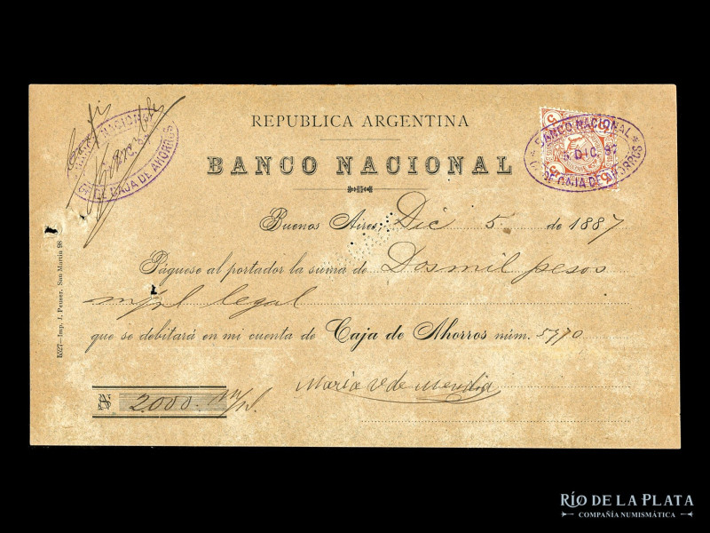 Argentina. Banco Nacional Suc Buenos Aires. Cheque 1887. (XF) 

USD 20 - 40
...