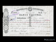 Argentina. Banco Nacional Suc Bahia Blanca. Cheque 1886