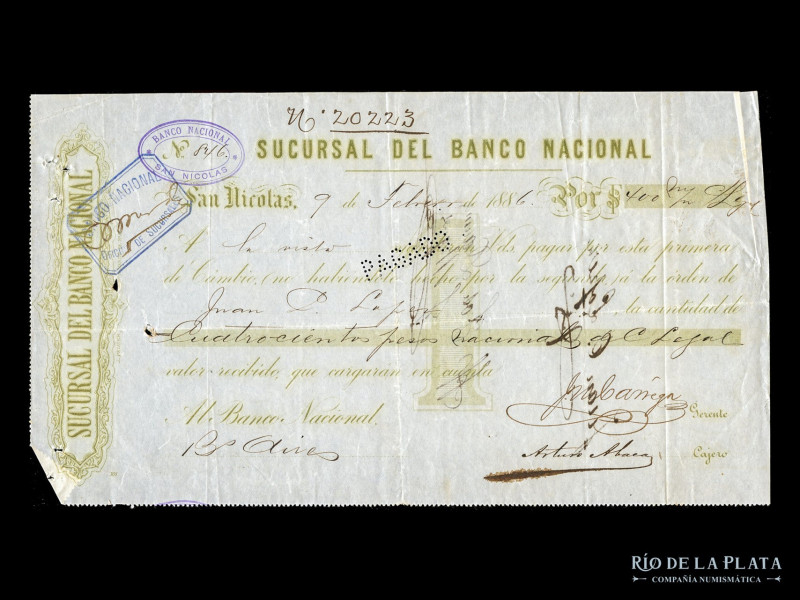 Argentina. Banco Nacional Suc San Nicolás, Buenos Aires. Cheque 1886. (VF+) 

...