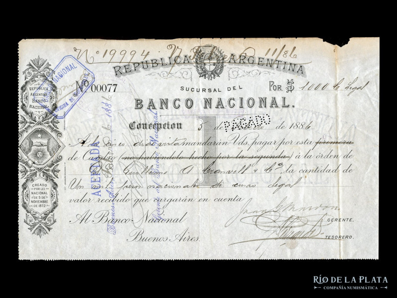 Argentina. Banco Nacional Suc Concepción, Entre Rios. Cheque 1886. (VF)

USD 2...