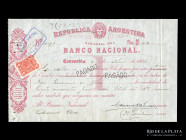 Argentina. Banco Nacional Suc Concordia. Cheque 1886